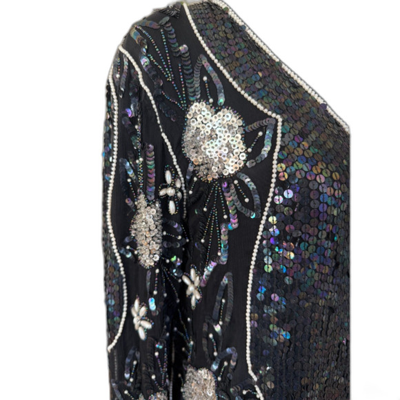 Vintage Black Beaded Silk Midi Dress Size M Embellished Minor Repair Needed - Picture 6 of 9